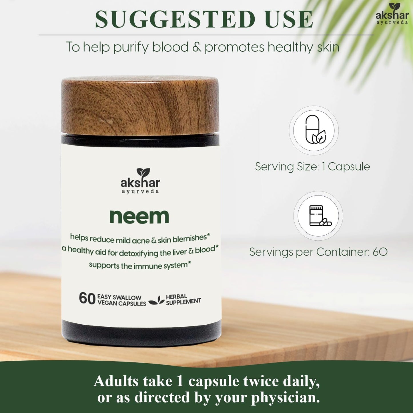 Neem Capsules with Extract & Leaf Powder - Herbal Supplement for Clear Skin & Detox - Vegan Neem Leaf Capsules (60 Count)