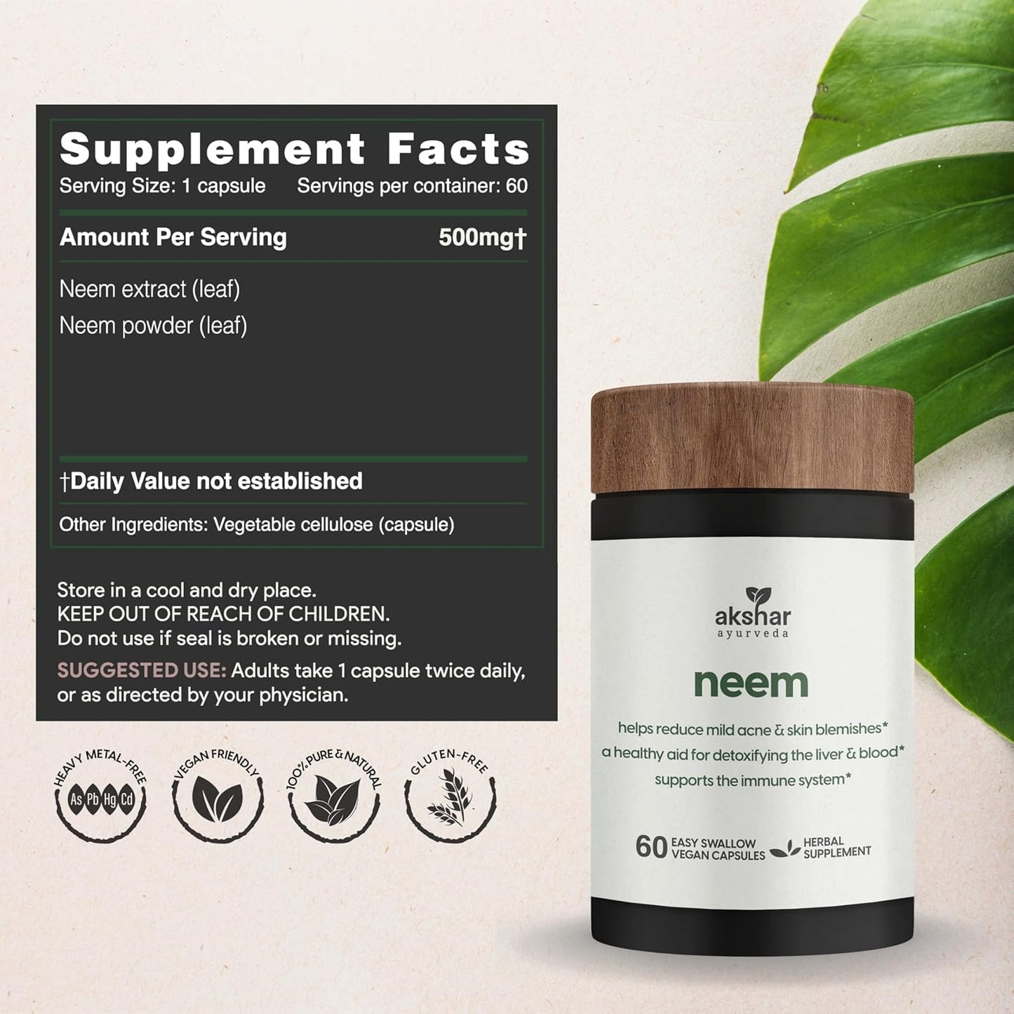 Neem Capsules with Extract & Leaf Powder - Herbal Supplement for Clear Skin & Detox - Vegan Neem Leaf Capsules (60 Count)