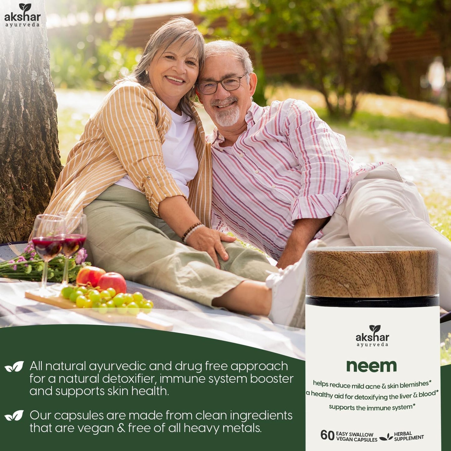Neem Capsules with Extract & Leaf Powder - Herbal Supplement for Clear Skin & Detox - Vegan Neem Leaf Capsules (60 Count)