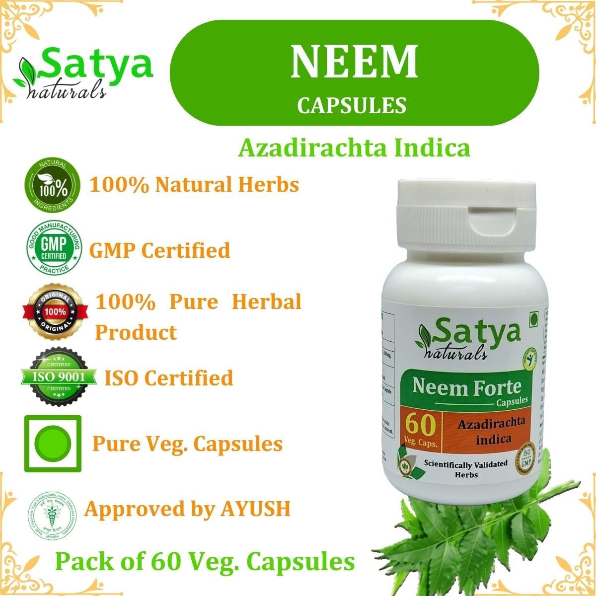 Neem Forte Capsules 500mg | Ayurvedic Neem Extract Capsules for Men and Women | Satya Naturals Herbal Supplement (60 Veg Capsules)