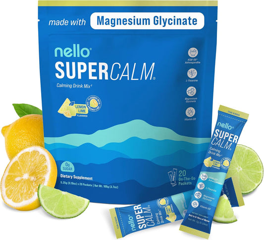 Nello Supercalm Drink Mix with Ashwagandha KSM 66, Magnesium, L-Theanine, and Vitamin D3 - Focus and Relaxation Support - Lemon Lime Flavor - 20 Travel Packets