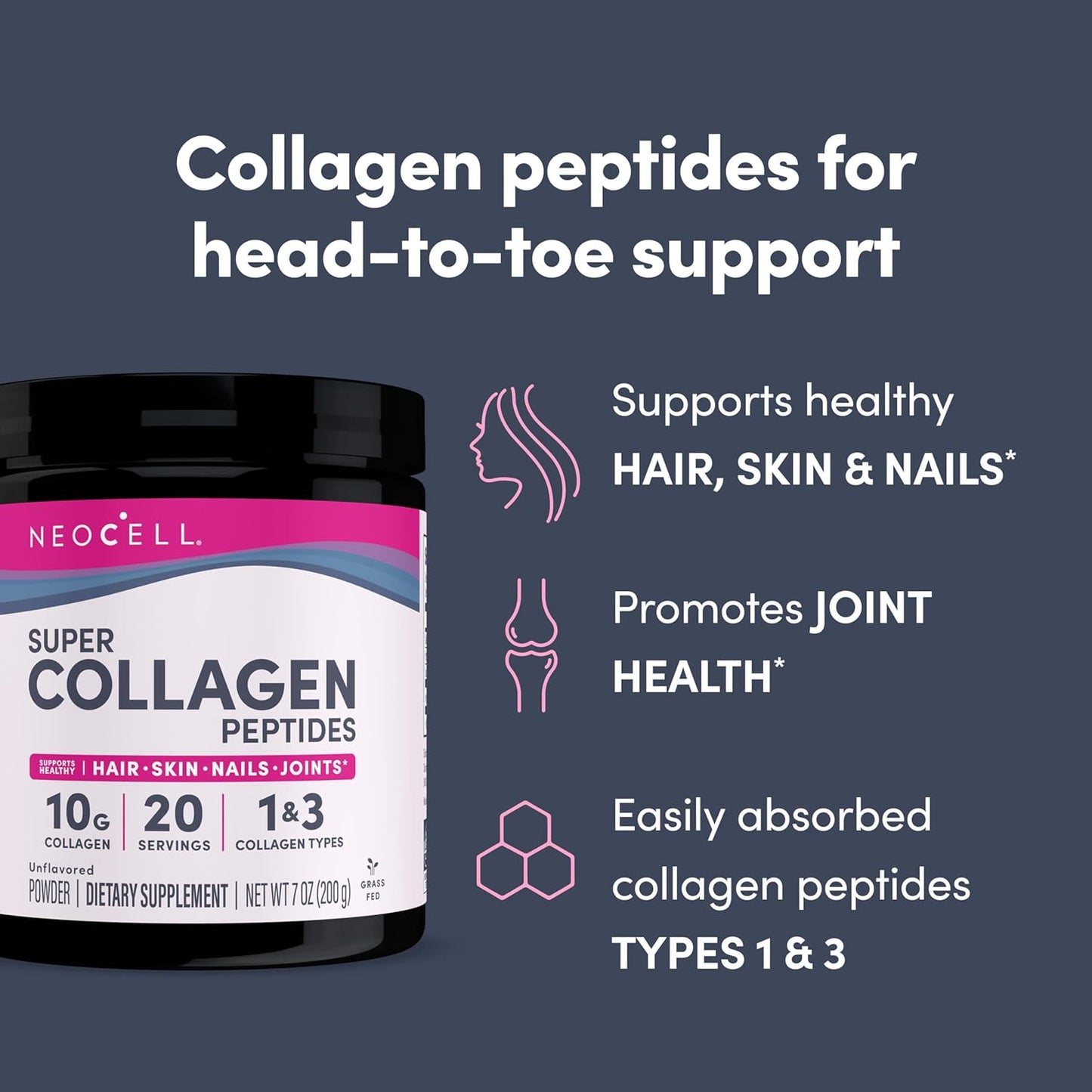 NeoCell Super Collagen Peptides: 10g/Serving, Gluten-Free, Keto, Non-GMO, Grass-Fed, Hair, Skin, Nails & Joints Support, Unflavored Powder - 7 oz.