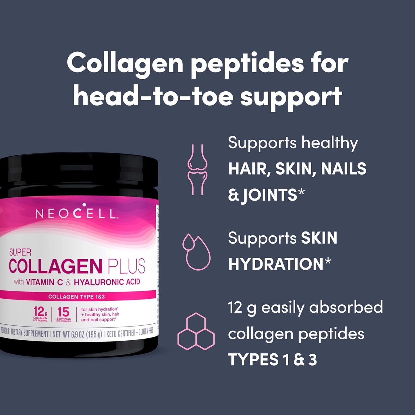 NeoCell Super Collagen Powder with Vitamin C and Hyaluronic Acid for Skin, Hair, and Nails - 6.9 oz. Unflavored Canister