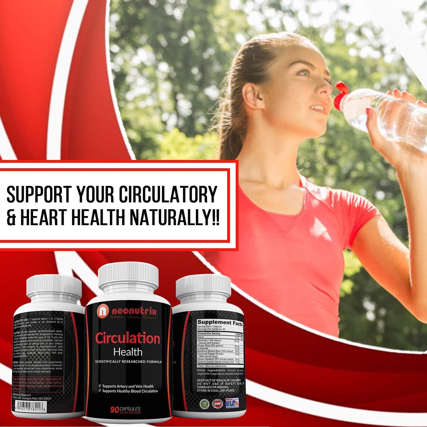 Neonutrix Blood Circulation Health Supplement with L-Arginine, Ginger Root, Hawthorn & Diosmin - Cardiovascular Support - 90 Capsules