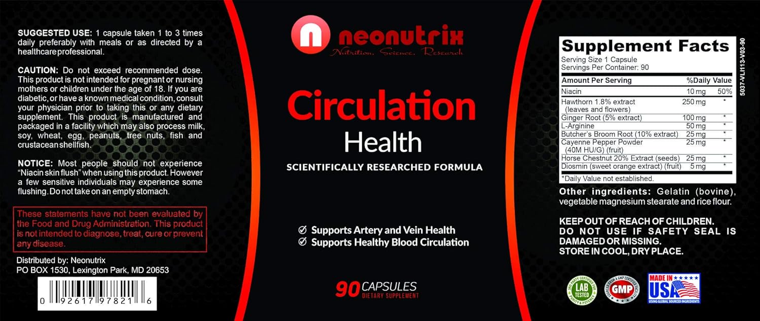 Neonutrix Blood Circulation Health Supplement with L-Arginine, Ginger Root, Hawthorn & Diosmin - Cardiovascular Support - 90 Capsules