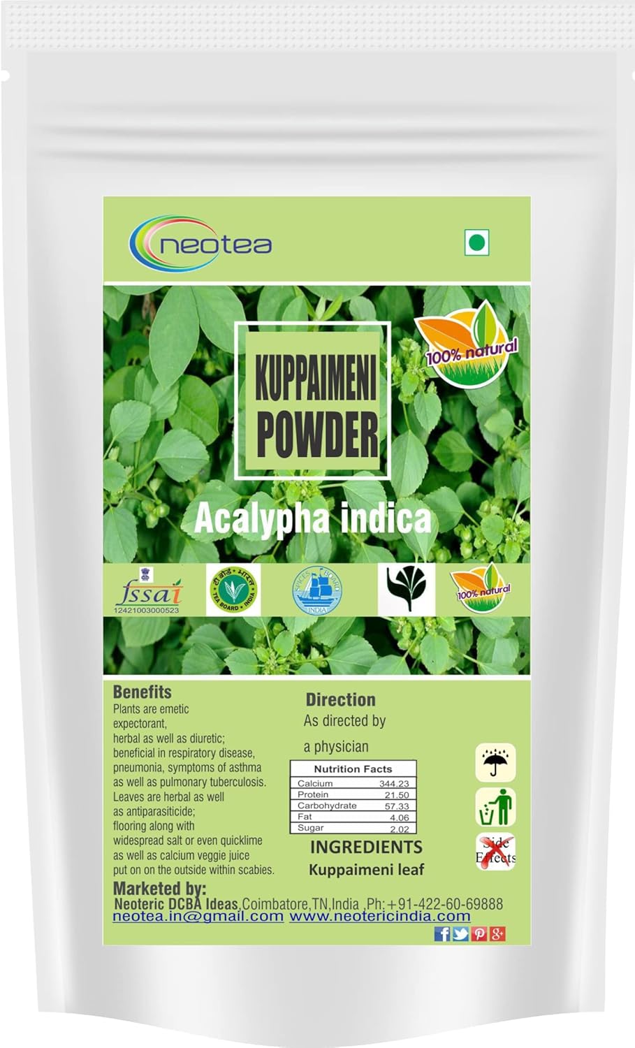 Neotea Indian Acalypha Powder 300g | Acalypha Indica | Indian Copperleaf | Indian Nettle | Three-seeded Mercury | Kuppaimeni