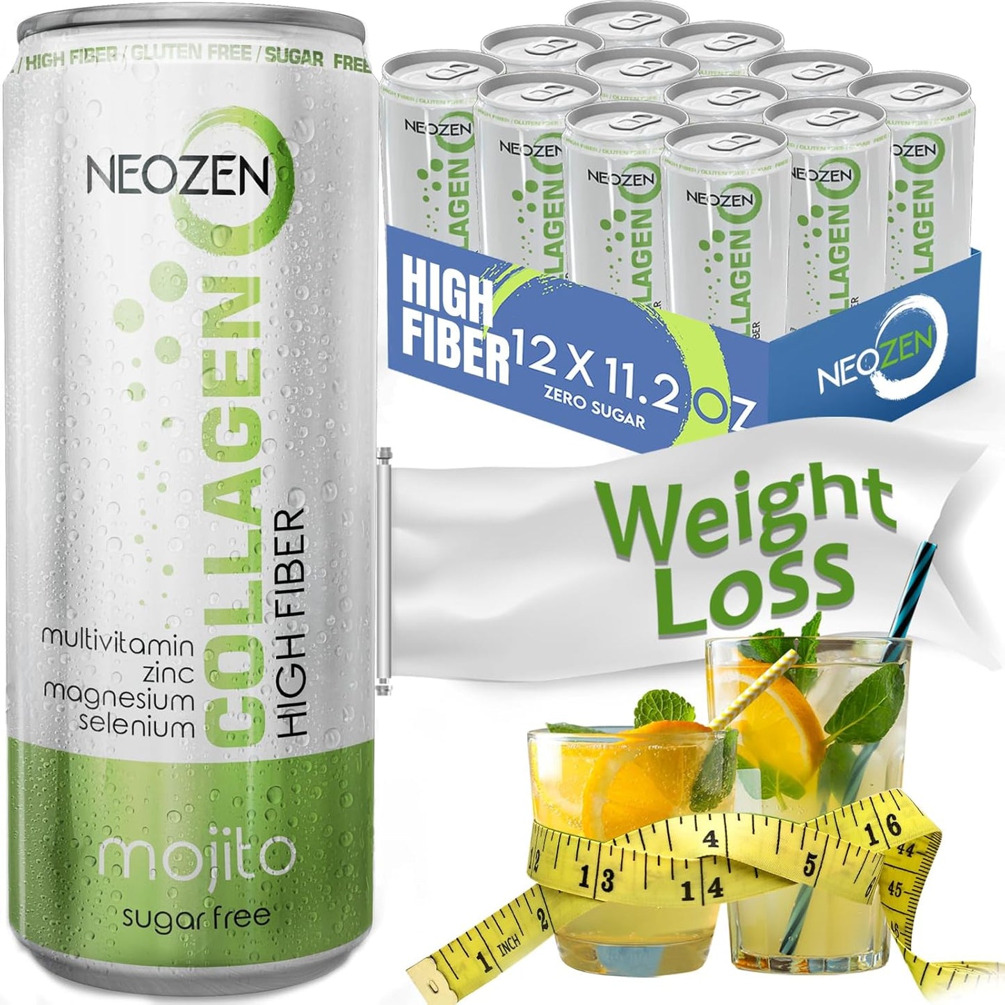 NEOZEN Collagen Sparkling Drink with Dietary Fiber - Balanced Nutrients, Sugar-Free, Keto-Friendly - Gluten & Caffeine Free - 11.2 fl oz (12 Pack)