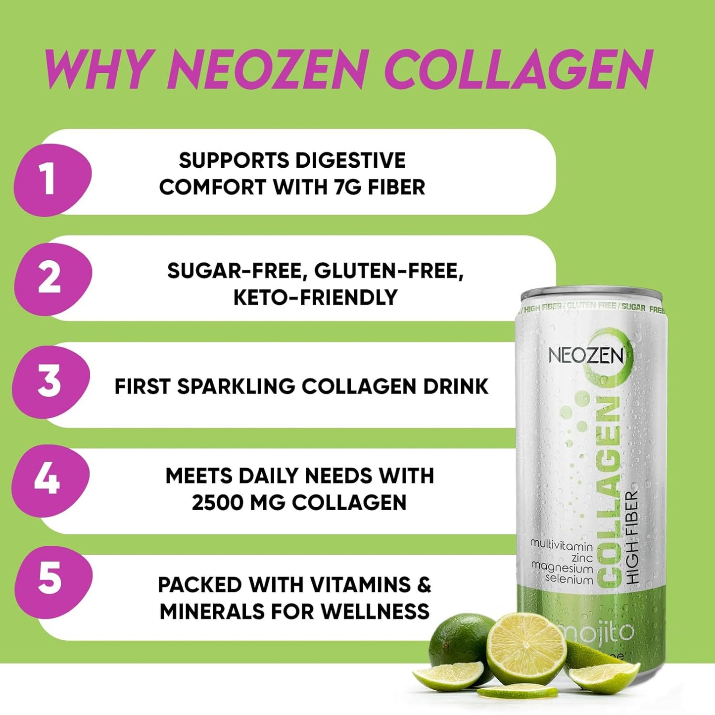 NEOZEN Collagen Sparkling Drink with Dietary Fiber - Balanced Nutrients, Sugar-Free, Keto-Friendly - Gluten & Caffeine Free - 11.2 fl oz (12 Pack)