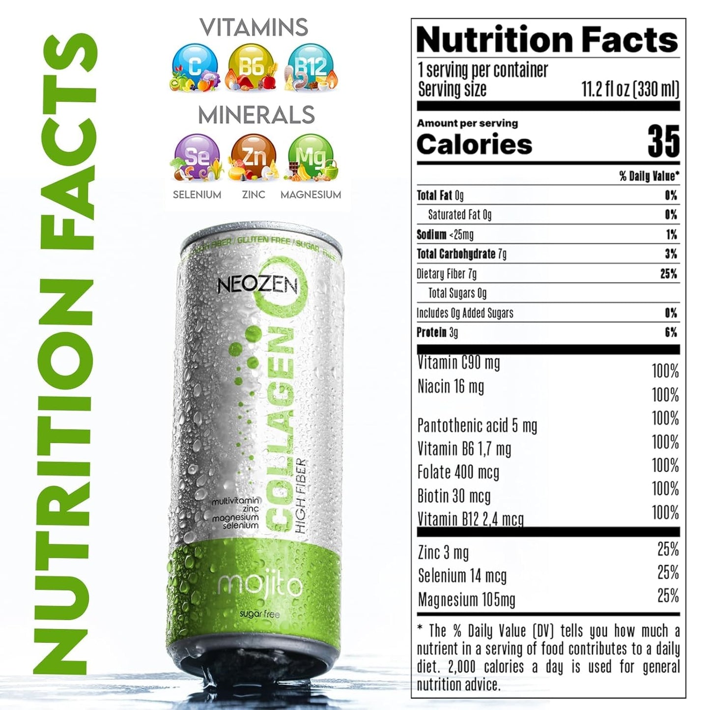 NEOZEN Collagen Sparkling Drink with Dietary Fiber - Balanced Nutrients, Sugar-Free, Keto-Friendly - Gluten & Caffeine Free - 11.2 fl oz (12 Pack)