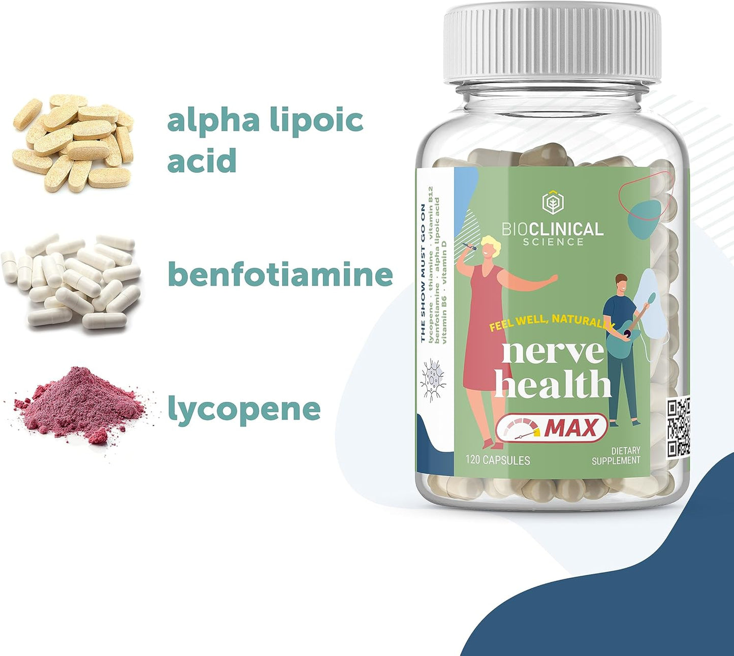 Nerve Health Max Supplement with Vitamin D, Thiamine, Folate, B6, B12, B1, Alpha Lipoic Acid, Benfotiamine, and Lycopene - 120 Capsules