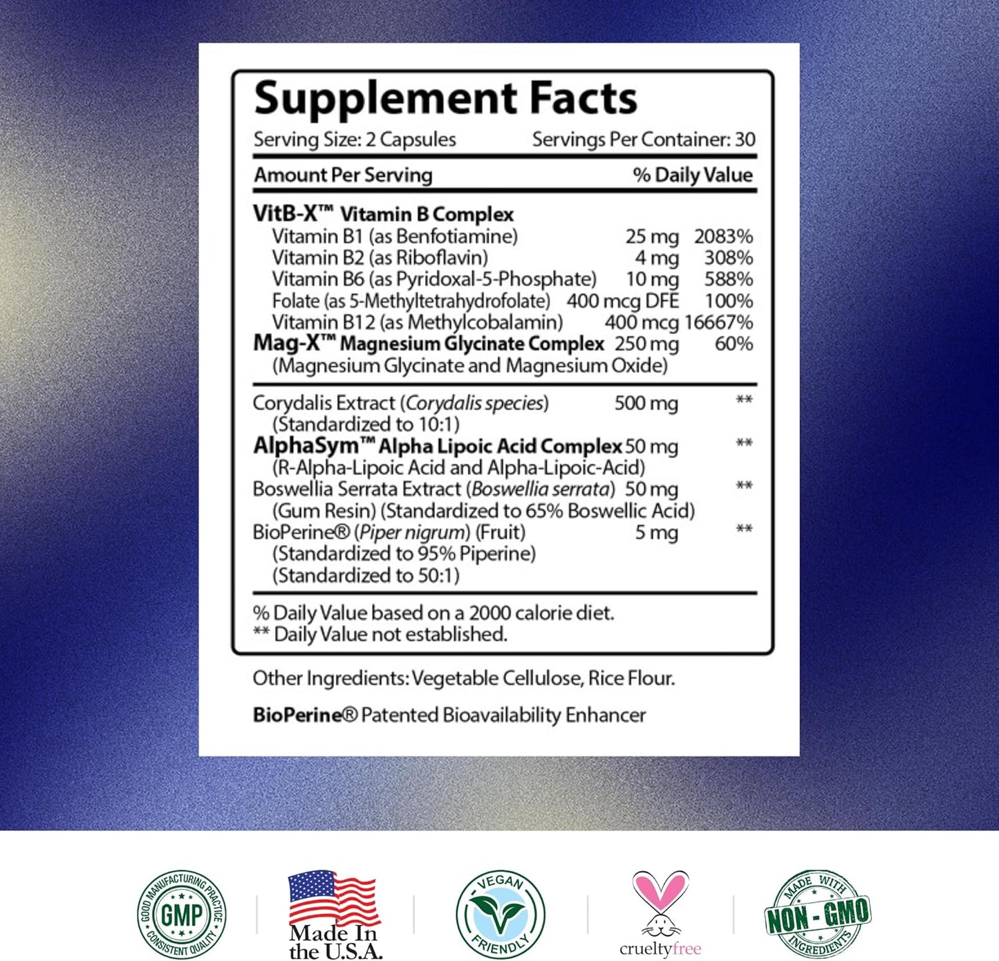 Nerve Support Supplement with B Vitamins, Magnesium, Alpha Lipoic Acid, Corydalis, Boswellia, BioPerine - 60 Capsules - Vegan Formula