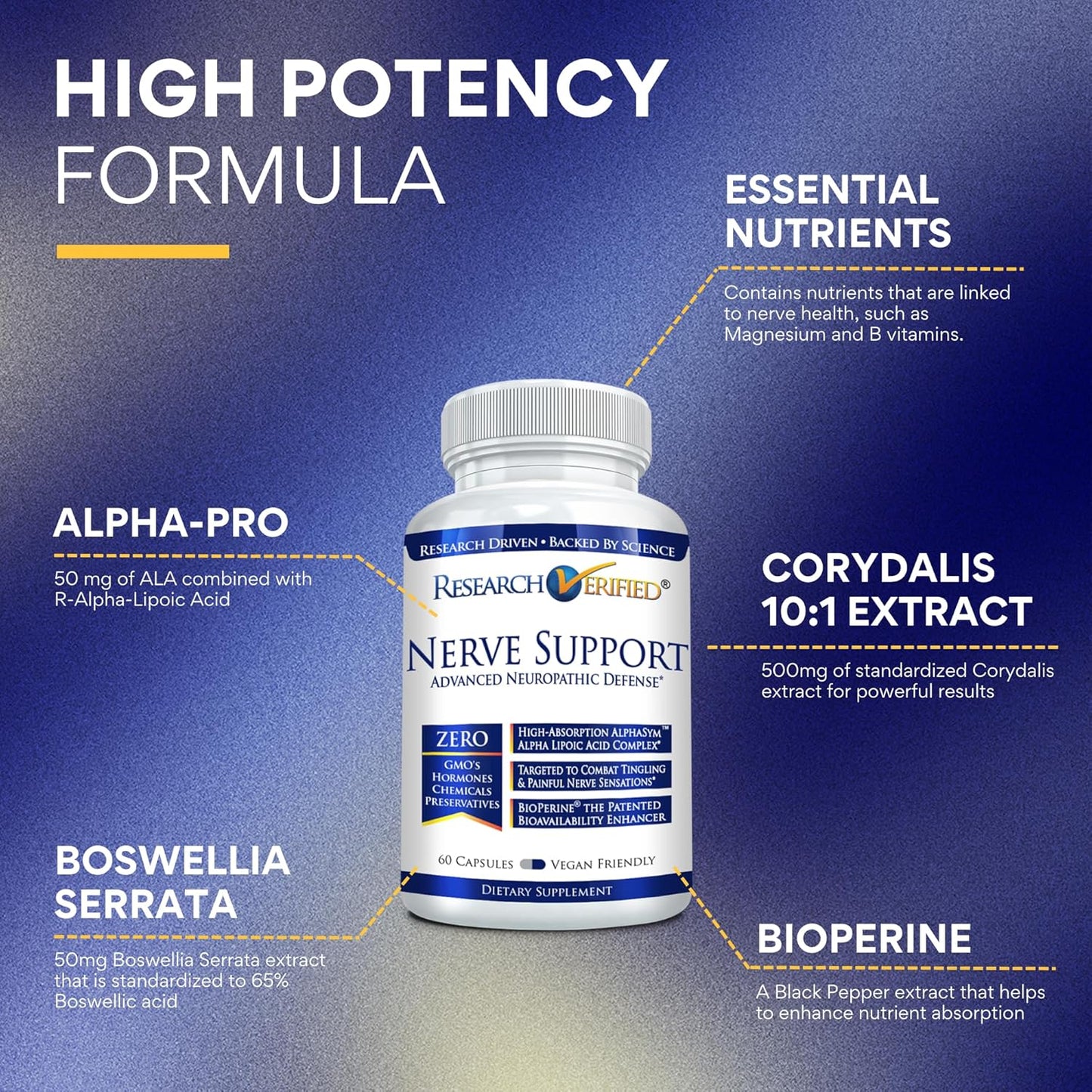 Nerve Support Supplement with B Vitamins, Magnesium, Alpha Lipoic Acid, Corydalis, Boswellia, BioPerine - 60 Capsules - Vegan Formula
