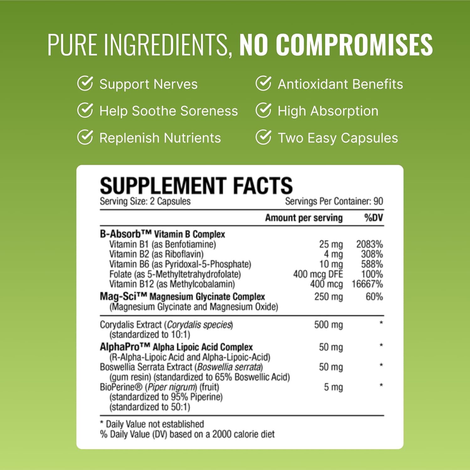 Nerve Support Supplement with Benfotiamine, B12, Alpha-Lipoic Acid, Corydalis - 360 Capsules - Made in USA by Approved Science