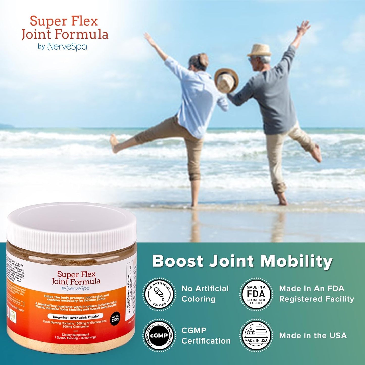 NerveSpa Super Flex Joint Formula Drink Powder - Joint Support Supplement with Glucosamine, Chondroitin, Turmeric, Ginger, MSM, Boswellia - 30 Servings