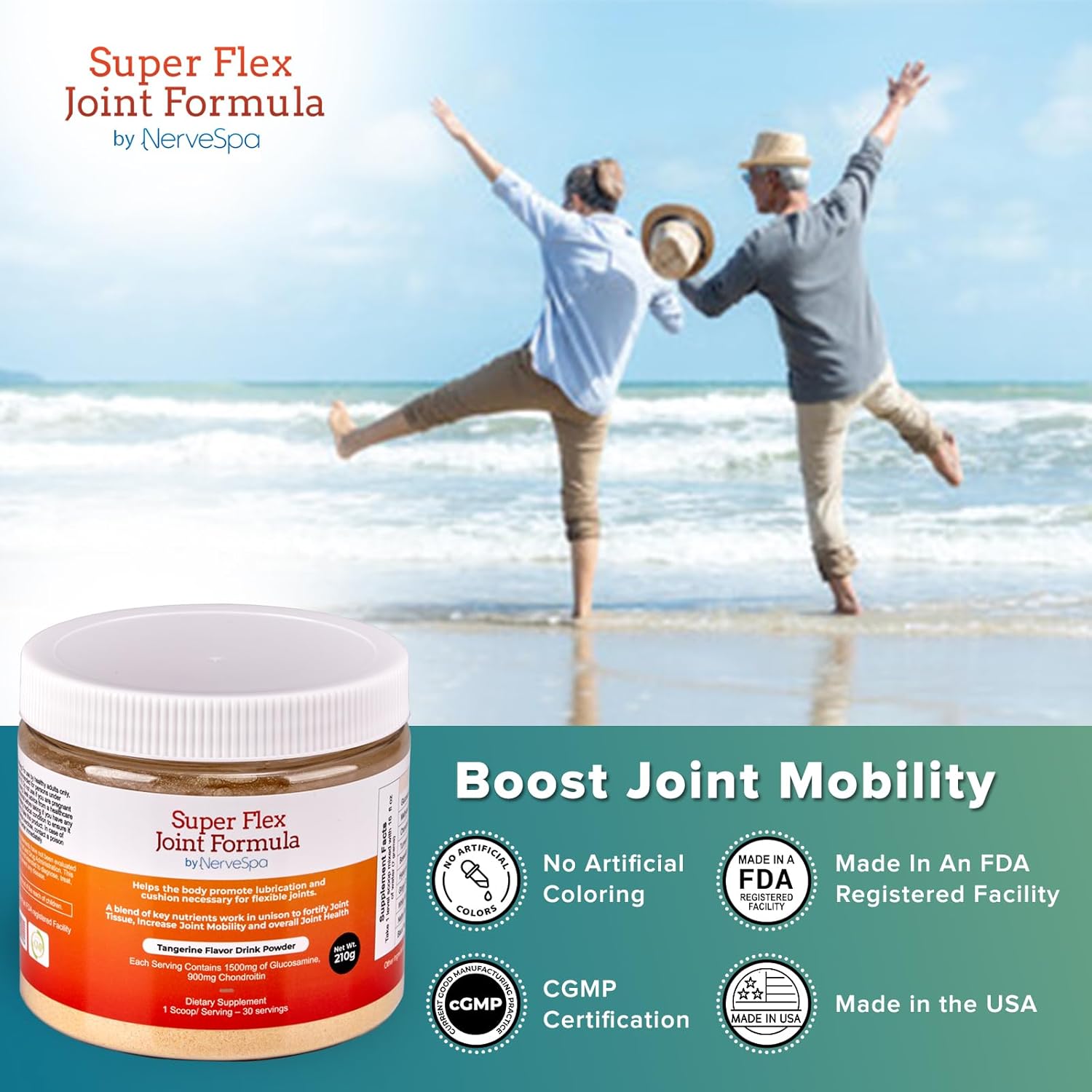 NerveSpa Super Flex Joint Formula Drink Powder - Joint Support Supplement with Glucosamine, Chondroitin, Turmeric, Ginger, MSM, Boswellia - 30 Servings