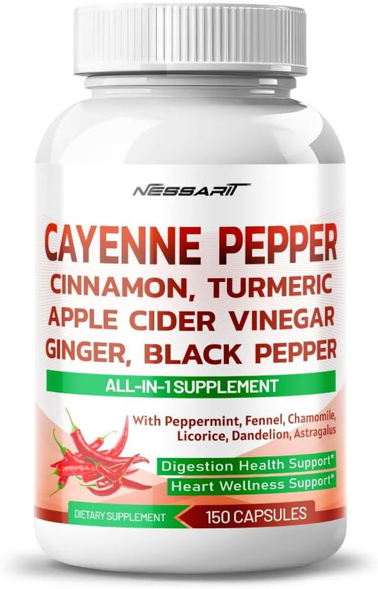 NESSARIT Cayenne Pepper Supplement with 14 Natural Ingredients - Cinnamon, Turmeric, Ginger, Garlic, Peppermint, Fennel - 150 Capsules - USA Made & Tested