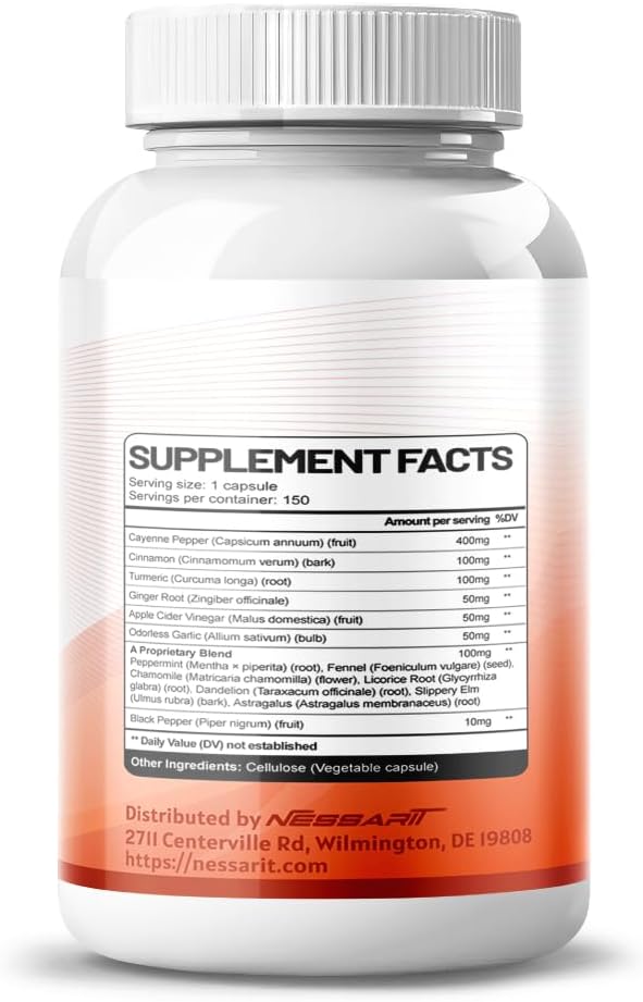 NESSARIT Cayenne Pepper Supplement with 14 Natural Ingredients - Cinnamon, Turmeric, Ginger, Garlic, Peppermint, Fennel - 150 Capsules - USA Made & Tested