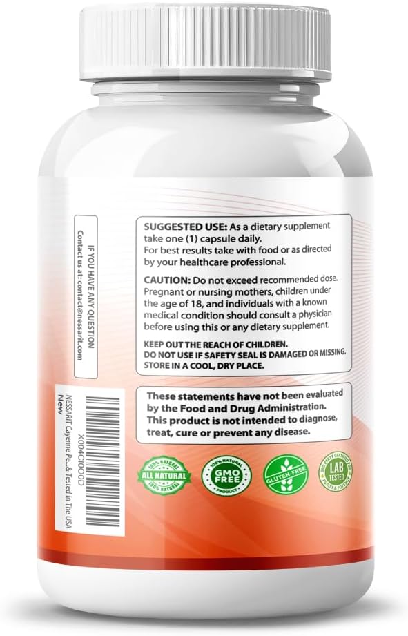 NESSARIT Cayenne Pepper Supplement with 14 Natural Ingredients - Cinnamon, Turmeric, Ginger, Garlic, Peppermint, Fennel - 150 Capsules - USA Made & Tested
