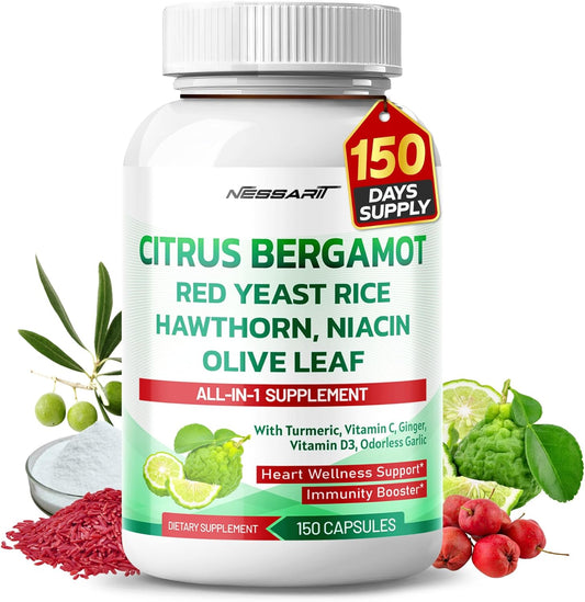 NESSARIT Citrus Bergamot Supplement - 15-in-1 Natural Blend with Red Yeast Rice, Olive Leaf, Turmeric, Ginger - 150 Count - USA-Made & Tested