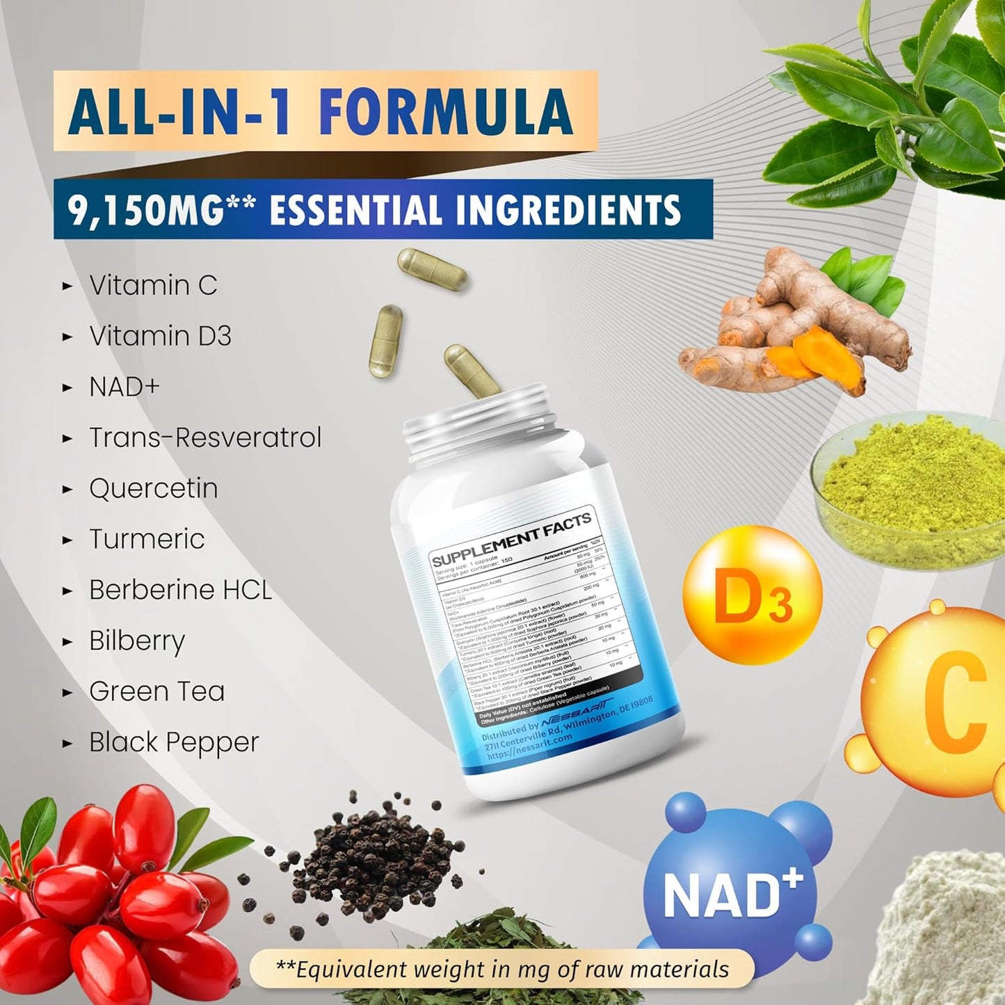 NESSARIT NAD+ RESVERATROL Supplement - 10-in-1 Natural Blend with Quercetin, Turmeric, Berberine, Bilberry, Green Tea - 150 Count - USA Made & Tested