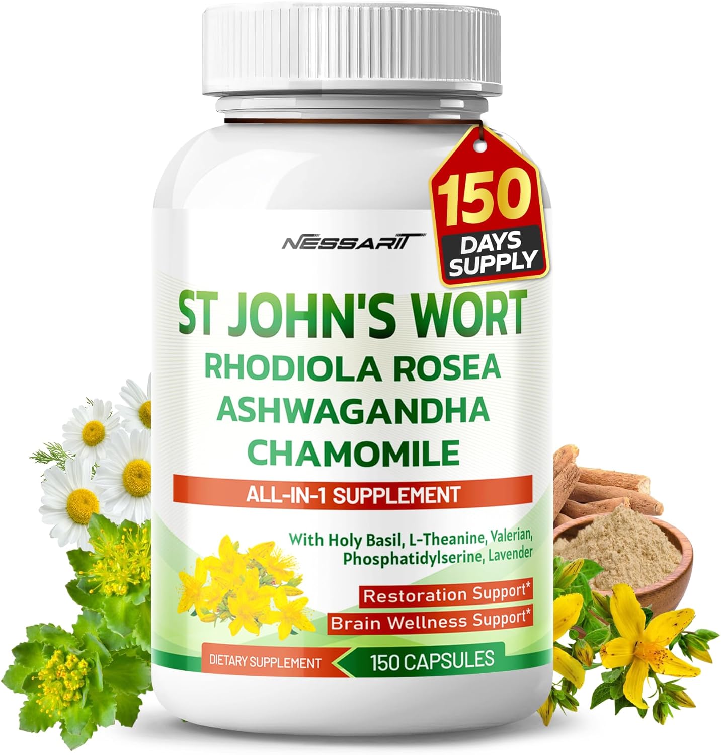 NESSARIT St. John's Wort Natural Blend with Rhodiola, Ashwagandha, Chamomile, Valerian, and More - 150 Count - Made in the USA