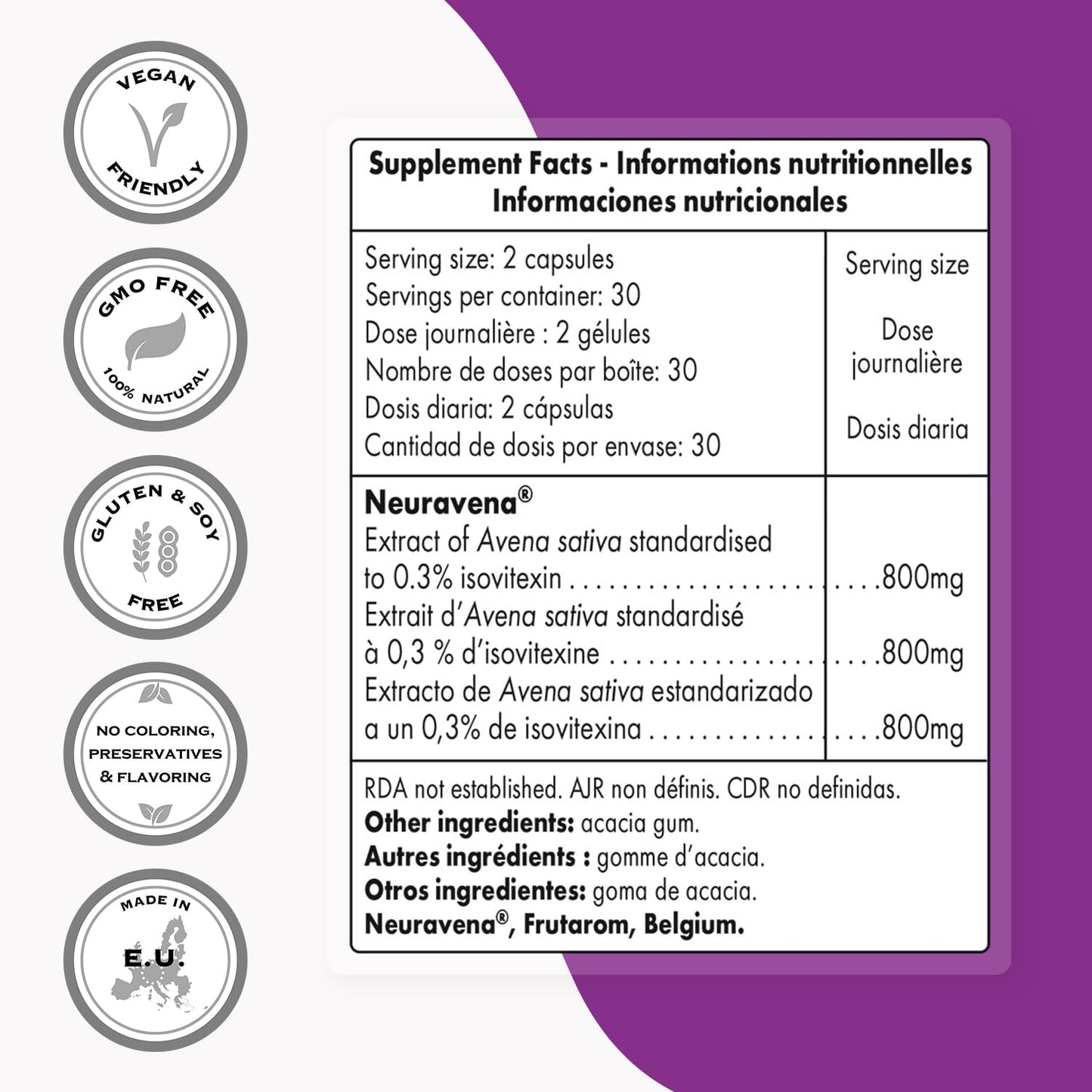 Neuravena Dopamine Support Supplement - 800mg Daily | Avena Sativa Wild Green Oat Extract | Non-GMO & Gluten Free - 60 Capsules