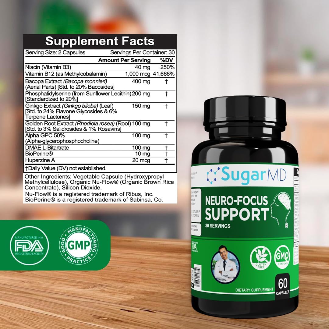 Neuro-Focus Support: Memory & Clarity Brain Health Supplement - Bacopa, Ginkgo, Bioperine - Cognitive Support - Non-GMO, Gluten-Free - 60 Capsules
