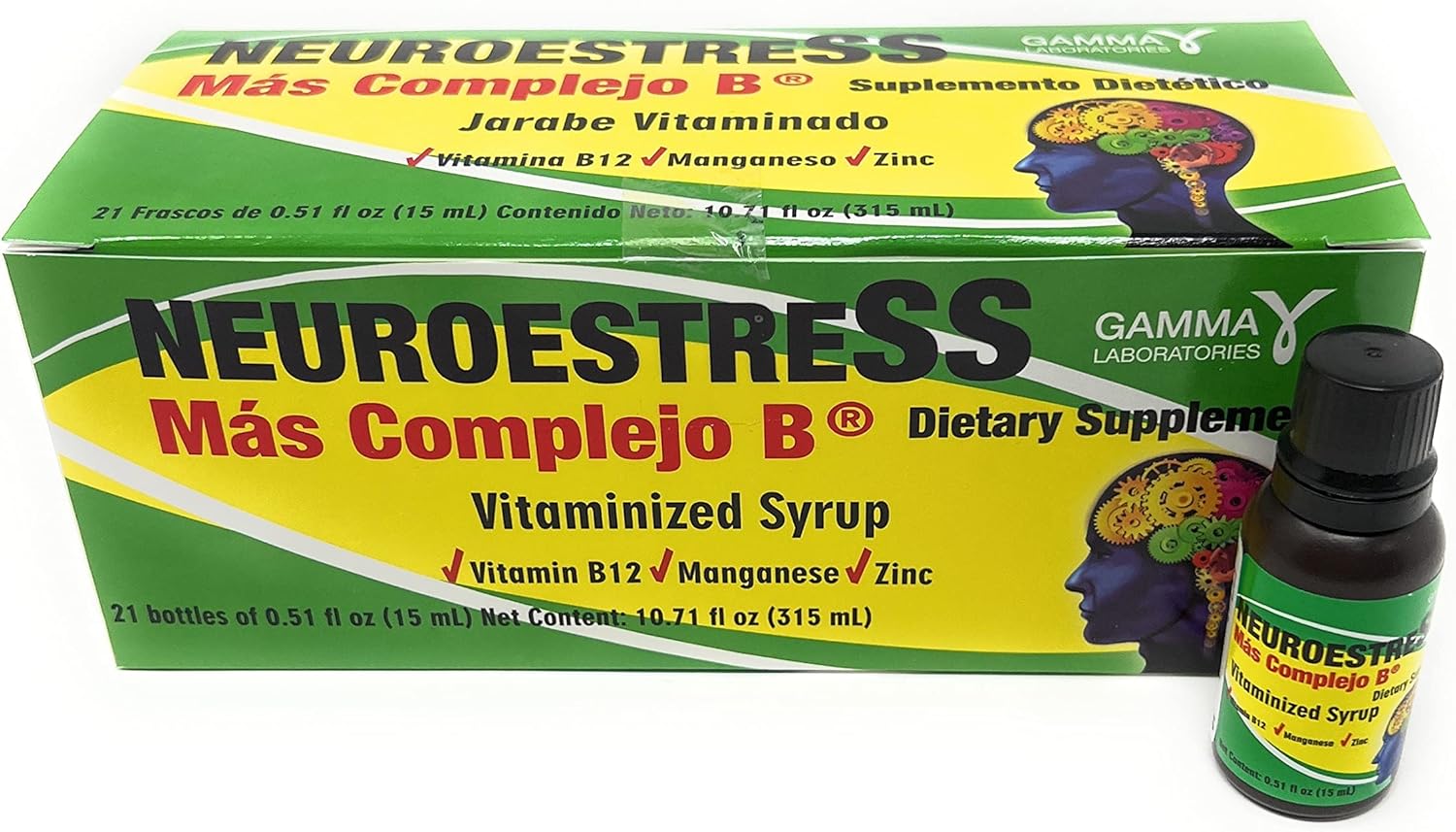 Neuroestress Vitaminized Syrup with Vitamin B12, Manganase, and Zinc - Pack of 21 Bottles - 0.51 Fl Oz Each