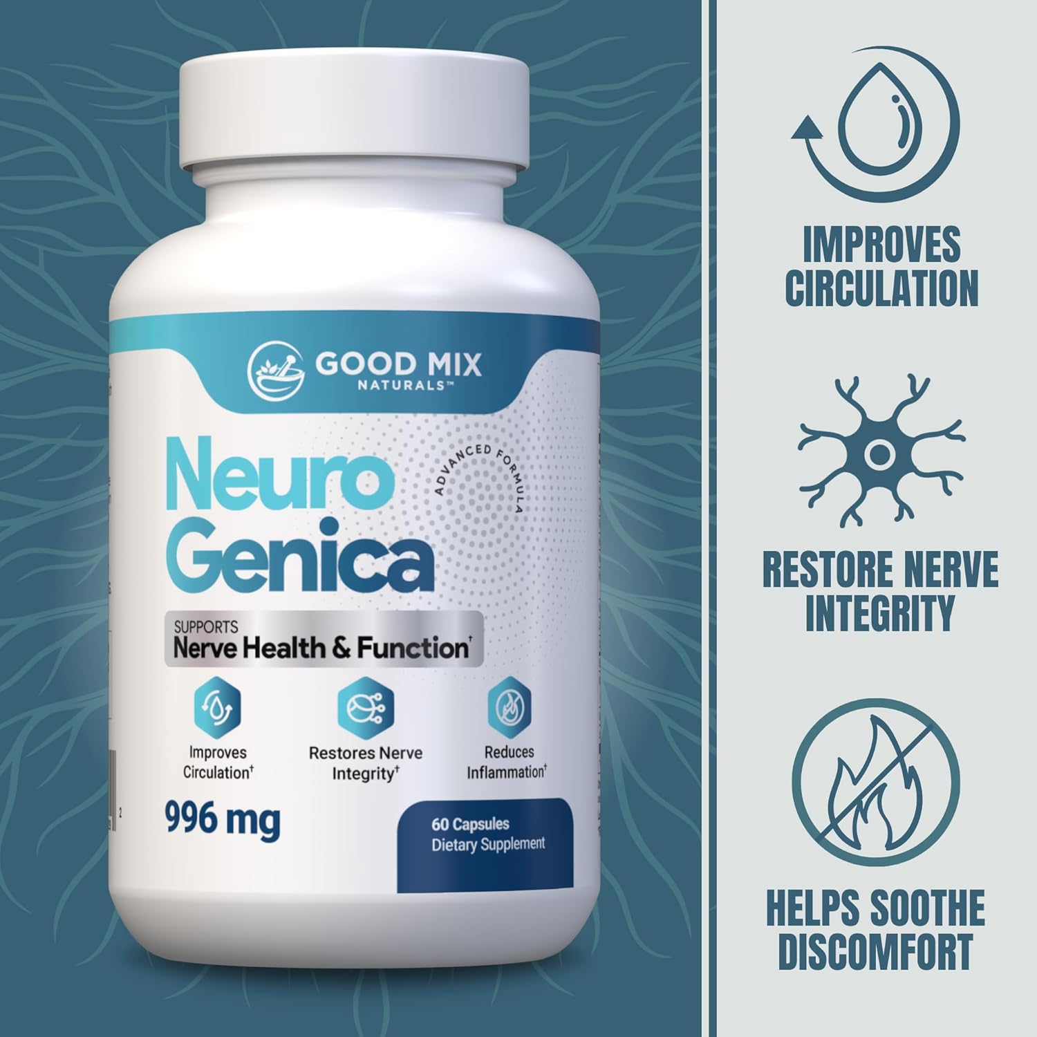 NeuroGenica Capsules - 60 Count - Benfotiamine, B12, Folate, Vitamins C & D3 - Vegan Formula - Made in USA - Pack of 6