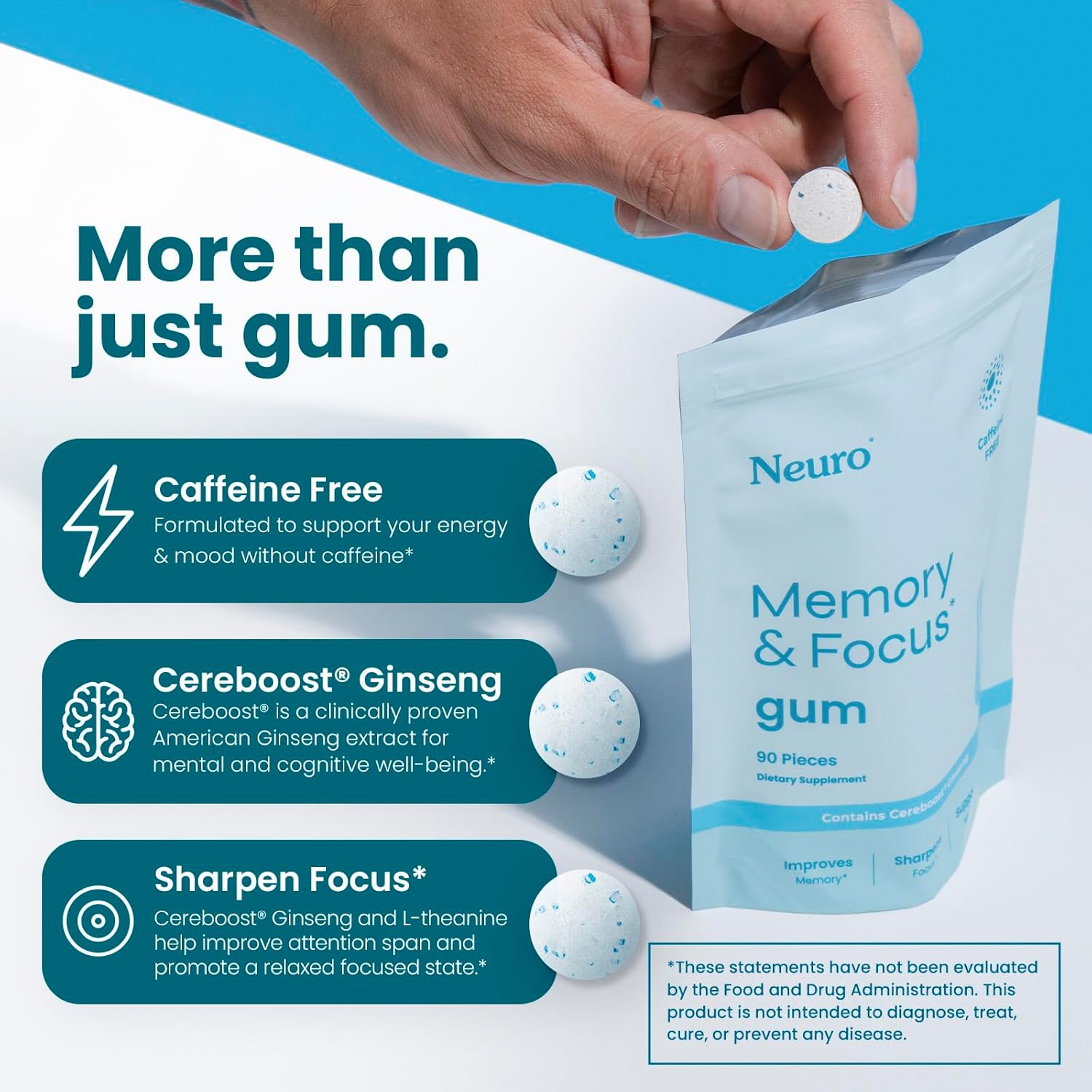 NeuroGum Memory & Focus Gum (90 Pieces) - Decaf & Sugar Free with American Ginseng, L-theanine, Vitamin B12 & B6 for Mental Alertness - Brain Supplements for Memory and Focus - Peppermint Flavor