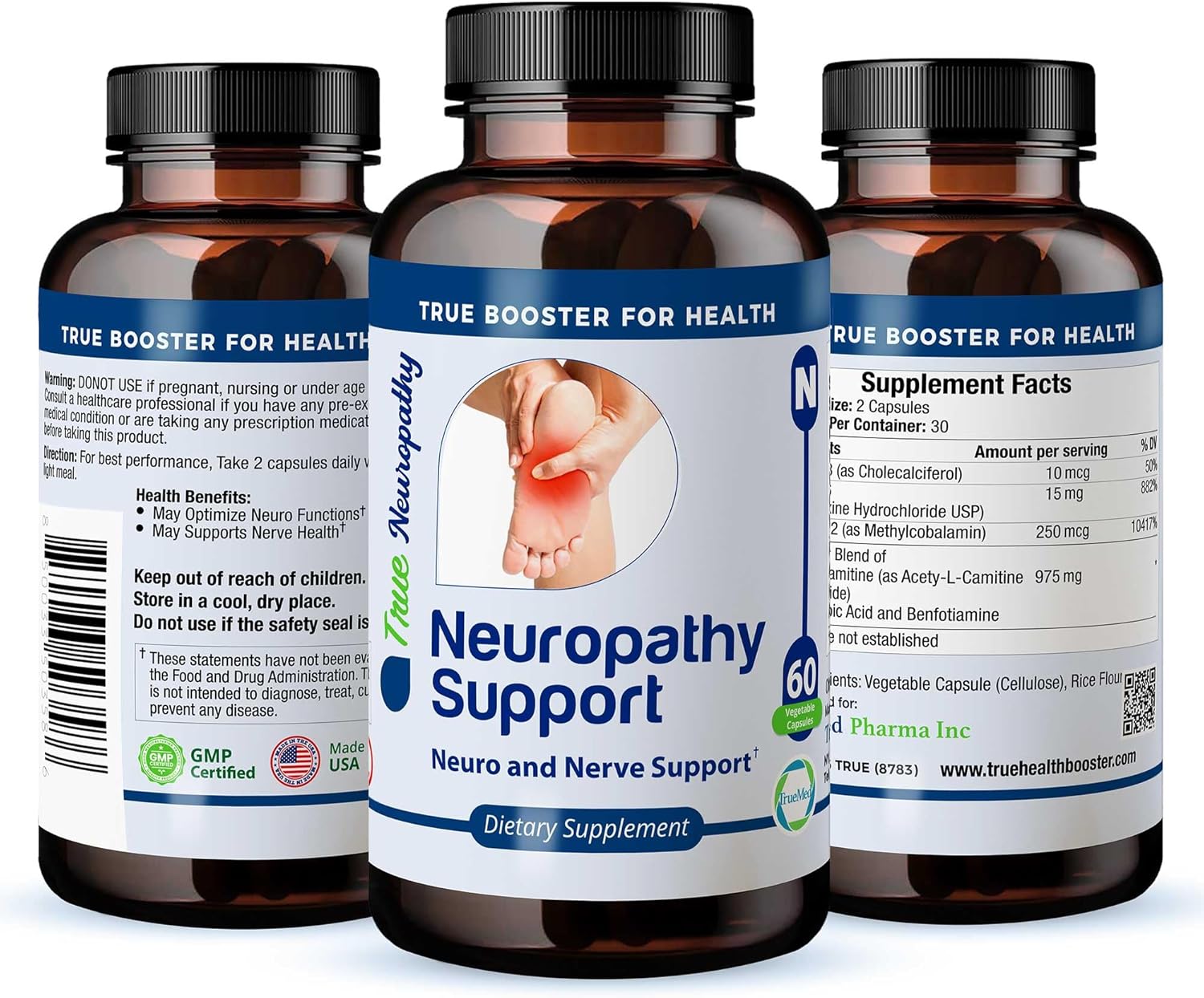 Neuropathy Support Supplement with Vitamin D3, B6, B12, Acetyl-L-Carnitine, Alpha-Lipoic Acid, and Benfotiamine - 60 Capsules