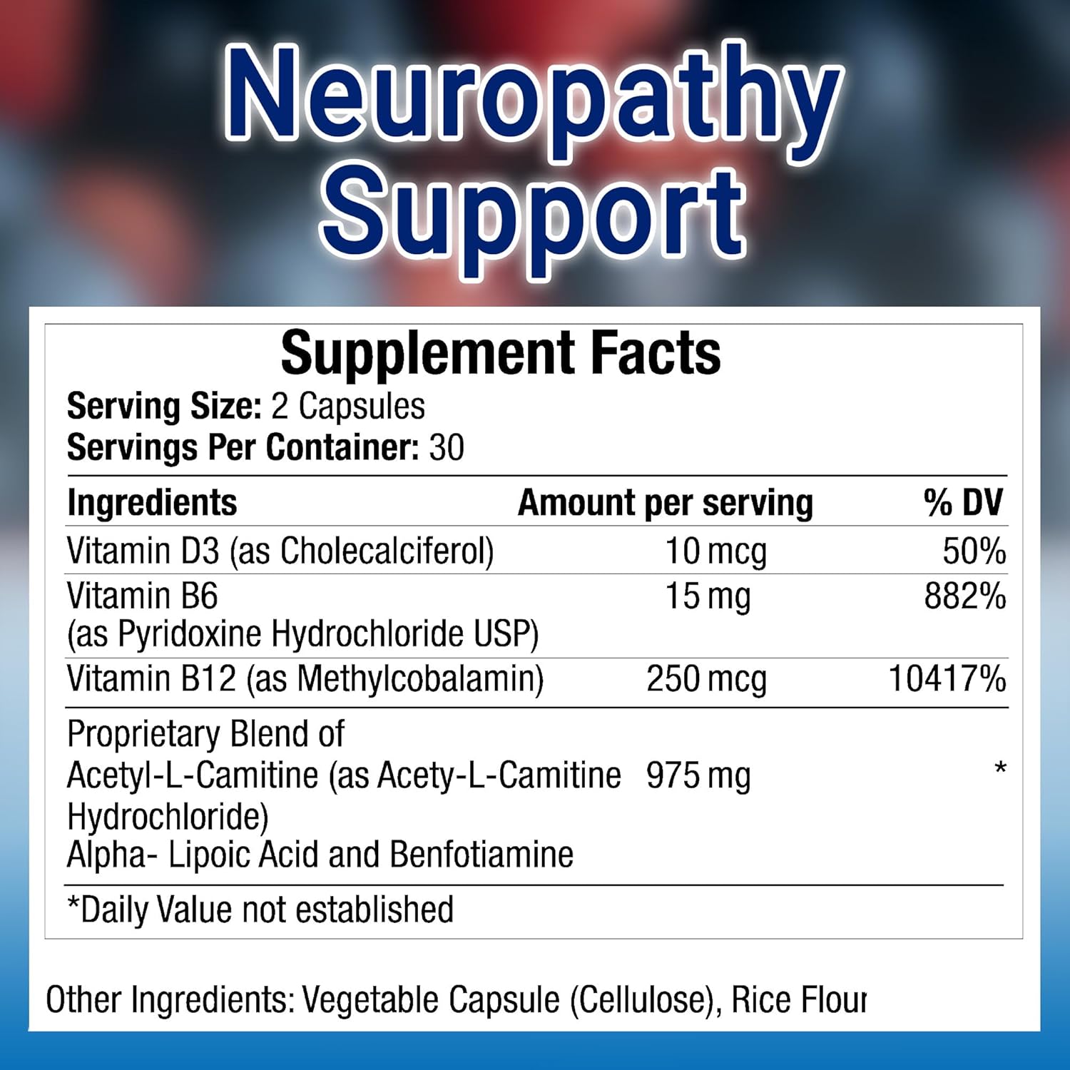 Neuropathy Support Supplement with Vitamin D3, B6, B12, Acetyl-L-Carnitine, Alpha-Lipoic Acid, and Benfotiamine - 60 Capsules