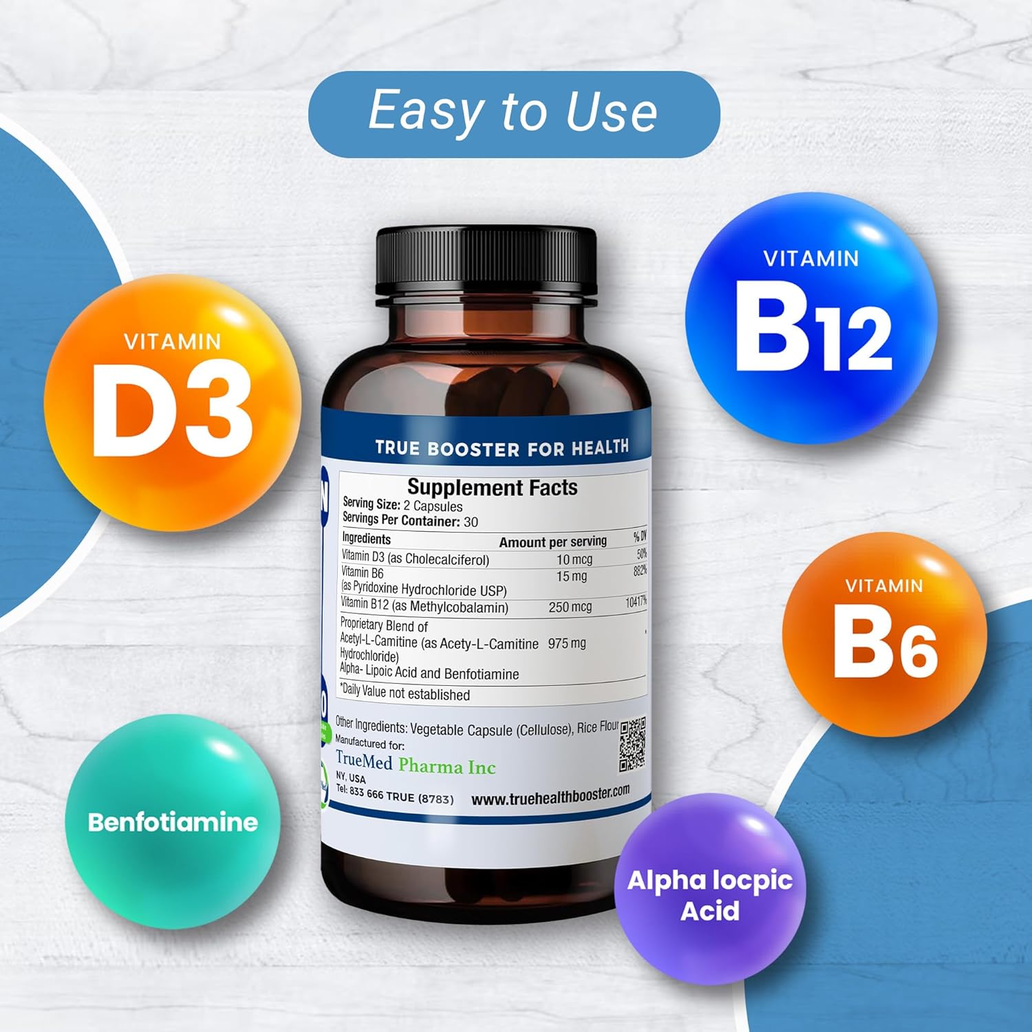 Neuropathy Support Supplement with Vitamin D3, B6, B12, Acetyl-L-Carnitine, Alpha-Lipoic Acid, and Benfotiamine - 60 Capsules