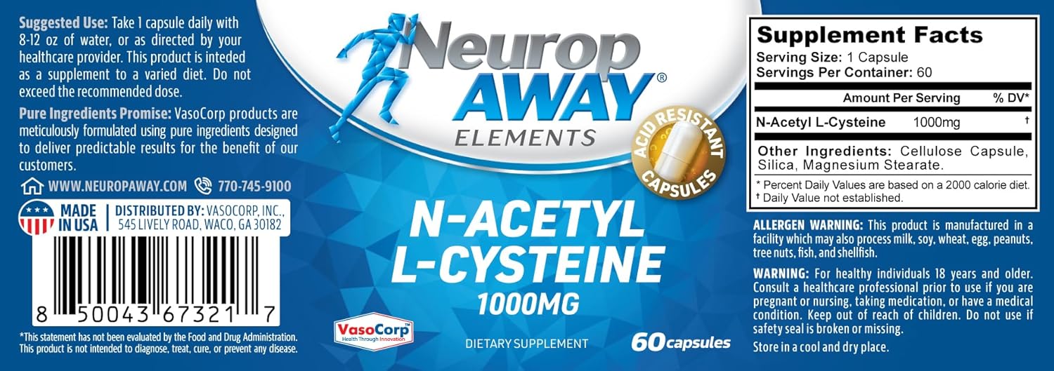 NeuropAWAY Elements N-Acetyl L-Cysteine 1000mg 60ct Acid Resistant Capsules - 60 Capsules per Bottle