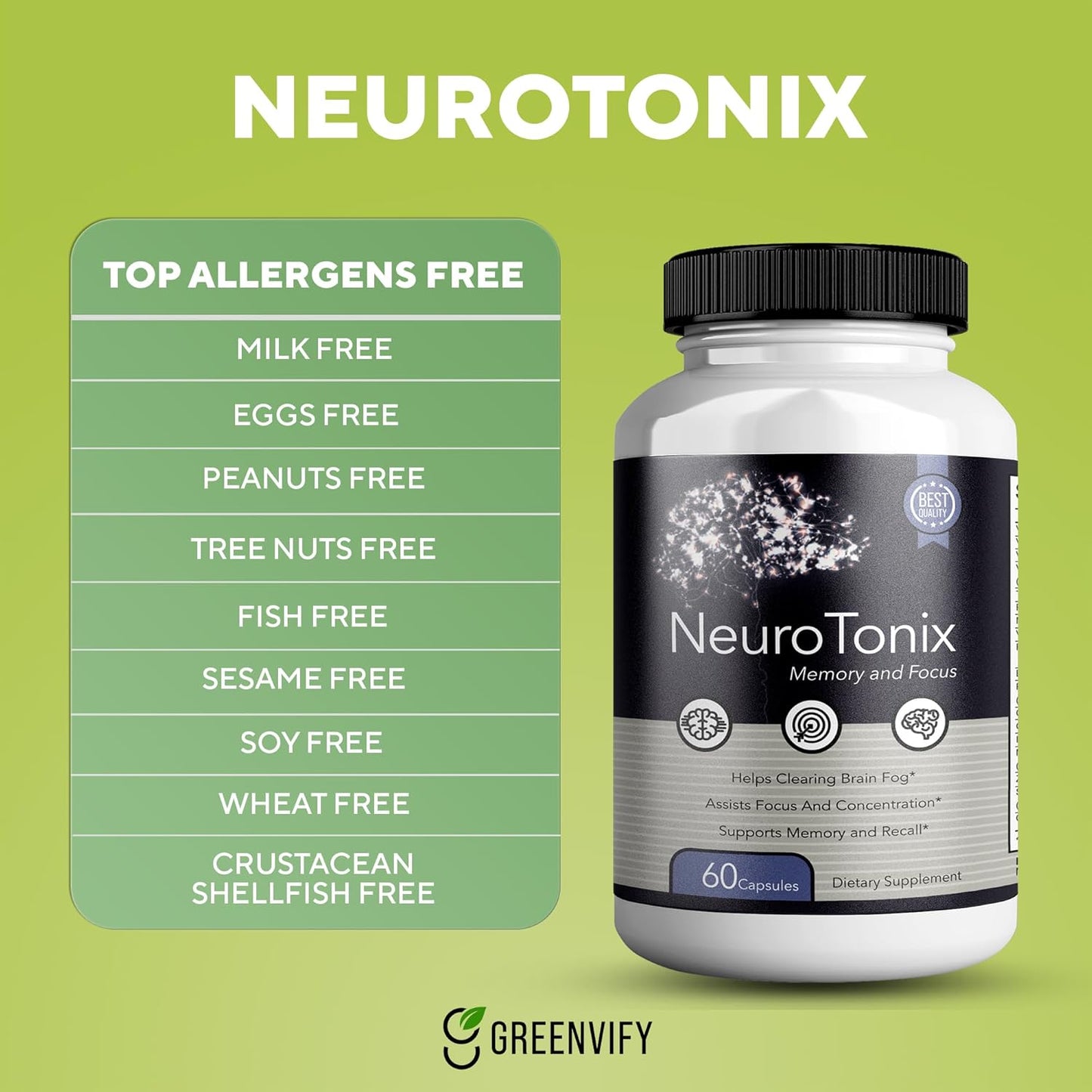 NeuroTonix Brain Support Supplement - Improve Memory & Focus, Clear Brain Fog - 60 Natural Capsules for Healthy Brain Function