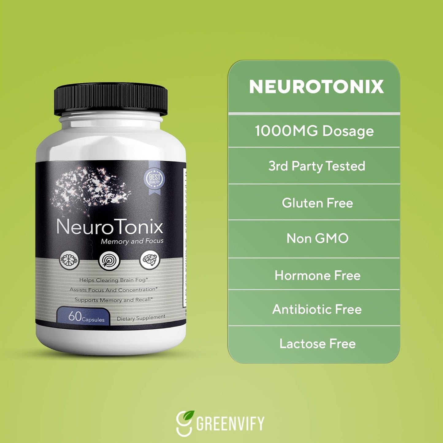 NeuroTonix Brain Support Supplement - Improve Memory & Focus, Clear Brain Fog - 60 Natural Capsules for Healthy Brain Function