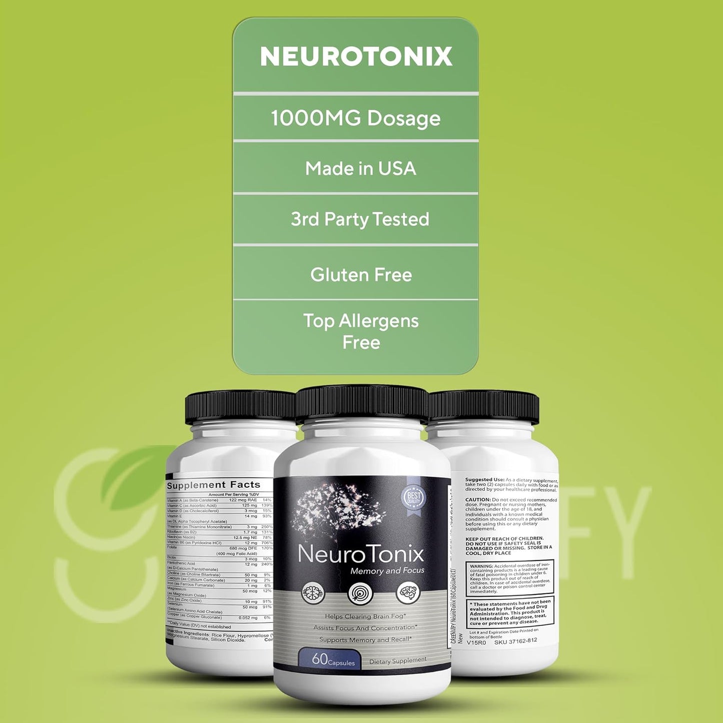 NeuroTonix Brain Support Supplement - Improve Memory & Focus, Clear Brain Fog - 60 Natural Capsules for Healthy Brain Function