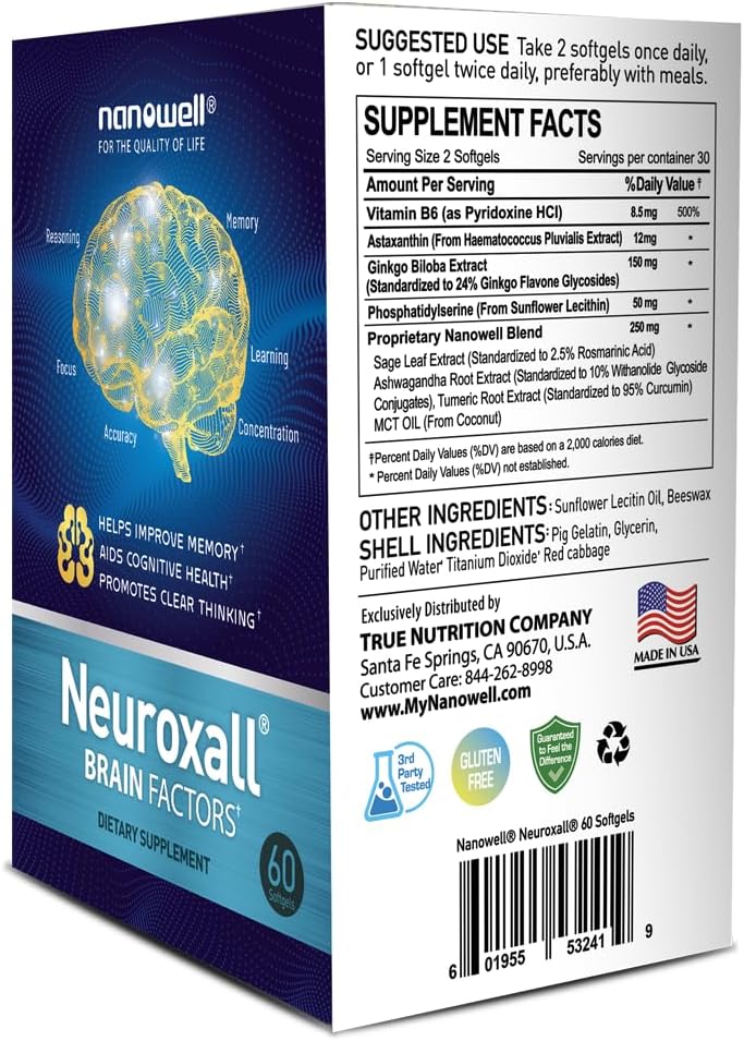 Neuroxall Brain Factors Softgels - Cognitive Support with Vitamin B6, Astaxanthin, Ginkgo Biloba Extract & Phosphatidylserine for Brain Health, Memory & Focus - 60 Count
