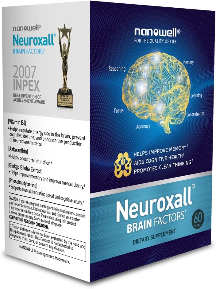 Neuroxall Brain Factors Softgels - Cognitive Support with Vitamin B6, Astaxanthin, Ginkgo Biloba Extract & Phosphatidylserine for Brain Health, Memory & Focus - 60 Count
