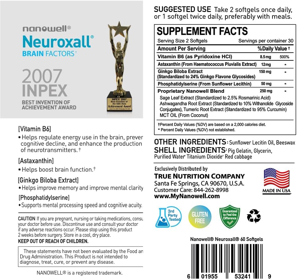 Neuroxall Brain Factors Softgels - Cognitive Support with Vitamin B6, Astaxanthin, Ginkgo Biloba Extract & Phosphatidylserine for Brain Health, Memory & Focus - 60 Count