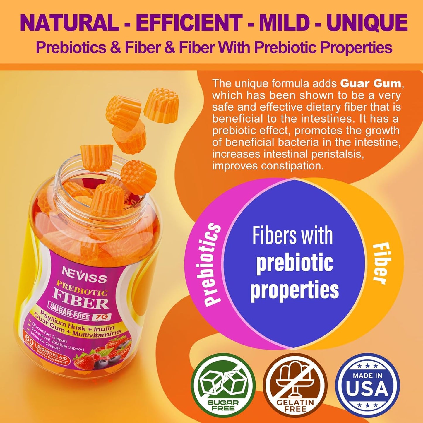 Nevis Prebiotic Fiber Gummies for Adults - 7g Psyllium Husk, Soluble & Insoluble Fiber, Inulin, FOS, Multivitamin - Daily Digestive Health Supplement