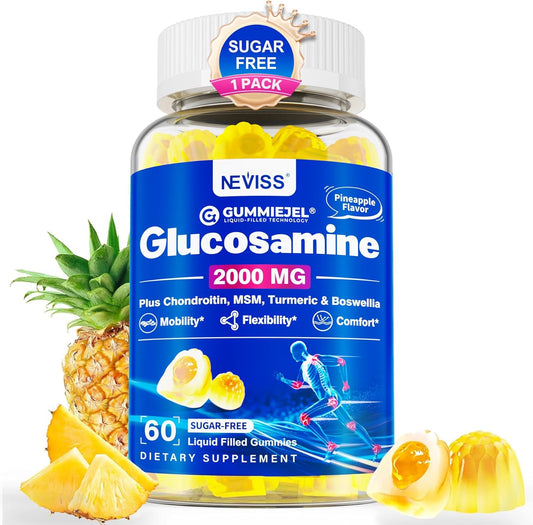 NEVISS 2000MG Sugar Free Glucosamine Gummies with Chondroitin, MSM, Turmeric, Boswellia, Hyaluronic Acid & Vitamin D3 - Mobility, Comfort, Flexibility, Bone Support - 60Cts