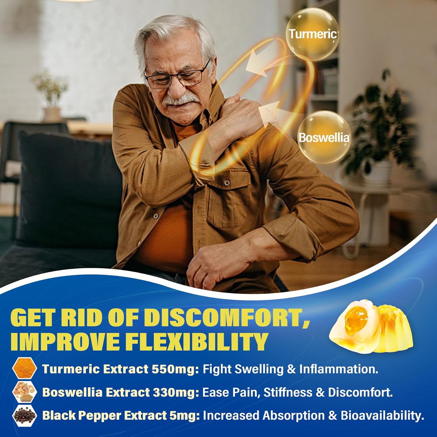 NEVISS 2000MG Sugar Free Glucosamine Gummies with Chondroitin, MSM, Turmeric, Boswellia, Hyaluronic Acid & Vitamin D3 - Mobility, Comfort, Flexibility, Bone Support - 60Cts