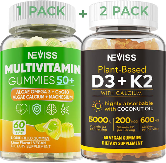 NEVISS 50+ Daily Gummy Multivitamin with Algae Omega 3, Calcium, CoQ10, Magnesium, Vitamin D3, and K2(MK7) - 600mg Calcium, 5000IU D3, 200mcg K2 - 125mcg Gummies