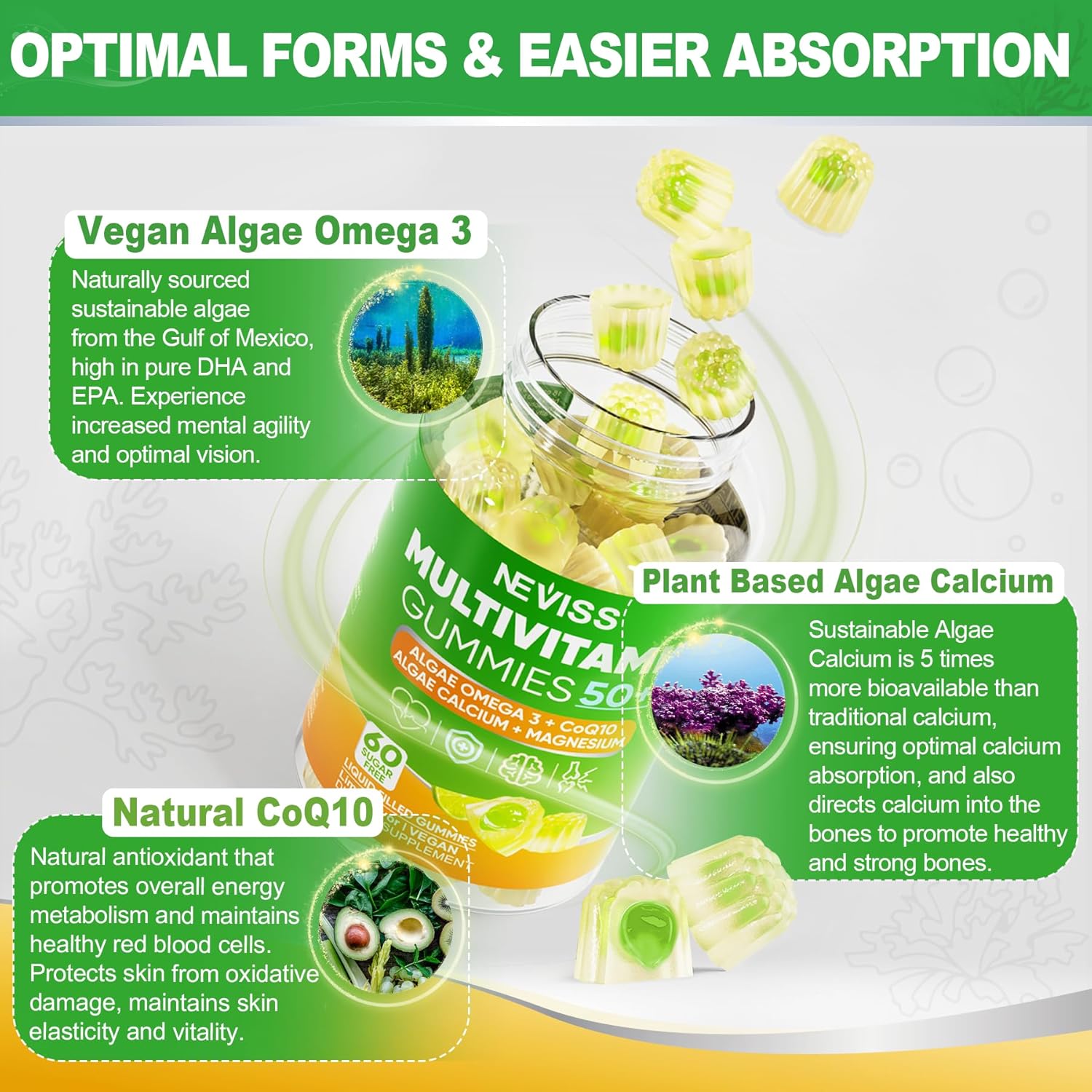NEVISS 50+ Daily Gummy Multivitamin with Algae Omega 3, Calcium, CoQ10, Magnesium, Vitamin D3, and K2(MK7) - 600mg Calcium, 5000IU D3, 200mcg K2 - 125mcg Gummies