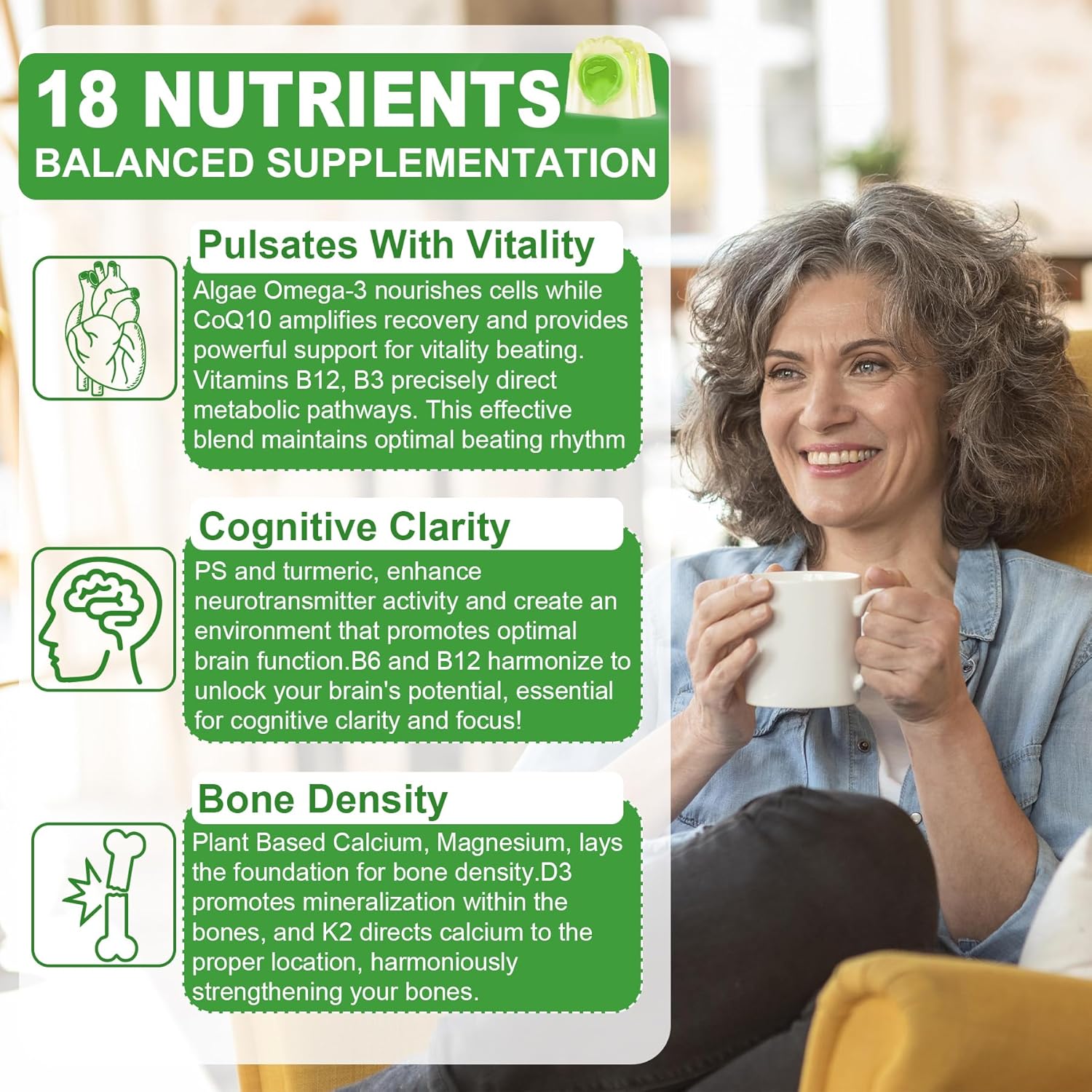 NEVISS 50+ Daily Gummy Multivitamin with Algae Omega 3, Calcium, CoQ10, Magnesium, Vitamin D3, and K2(MK7) - 600mg Calcium, 5000IU D3, 200mcg K2 - 125mcg Gummies