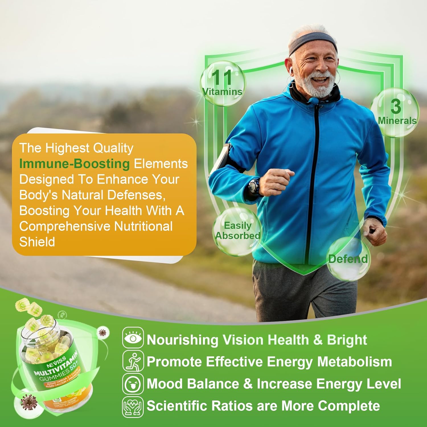NEVISS 50+ Daily Gummy Multivitamin with Algae Omega 3, Calcium, CoQ10, Magnesium, Vitamin D3, and K2(MK7) - 600mg Calcium, 5000IU D3, 200mcg K2 - 125mcg Gummies