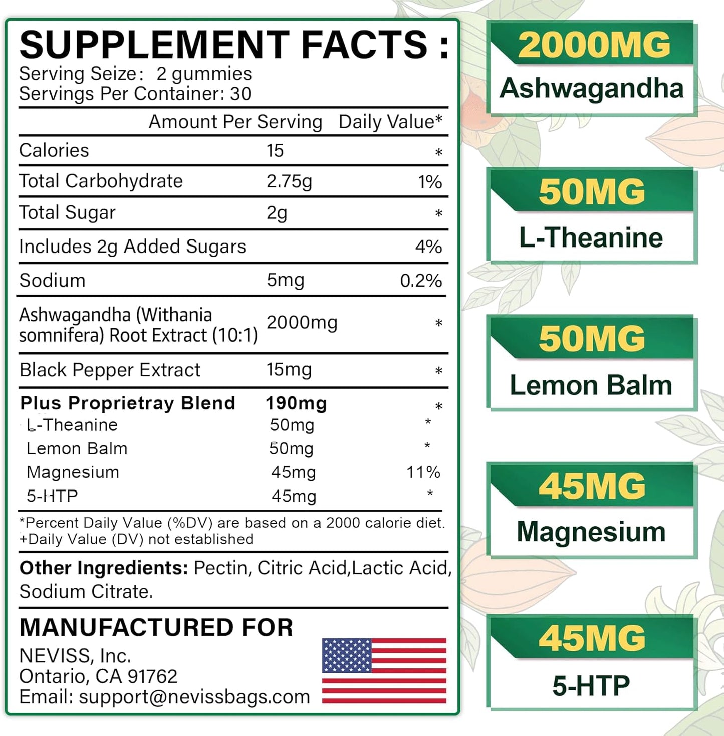 NEVISS Ashwagandha Gummies 2000mg with L-Theanine, 5-HTP, Lemon Balm, Magnesium - 120 Count for Calm, Zzzs, Relaxation & Refreshment