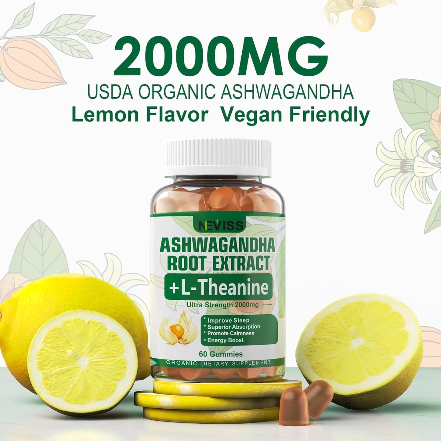 NEVISS Ashwagandha Gummies 2000mg with L-Theanine, 5-HTP, Lemon Balm, Magnesium - 120 Count for Calm, Zzzs, Relaxation & Refreshment