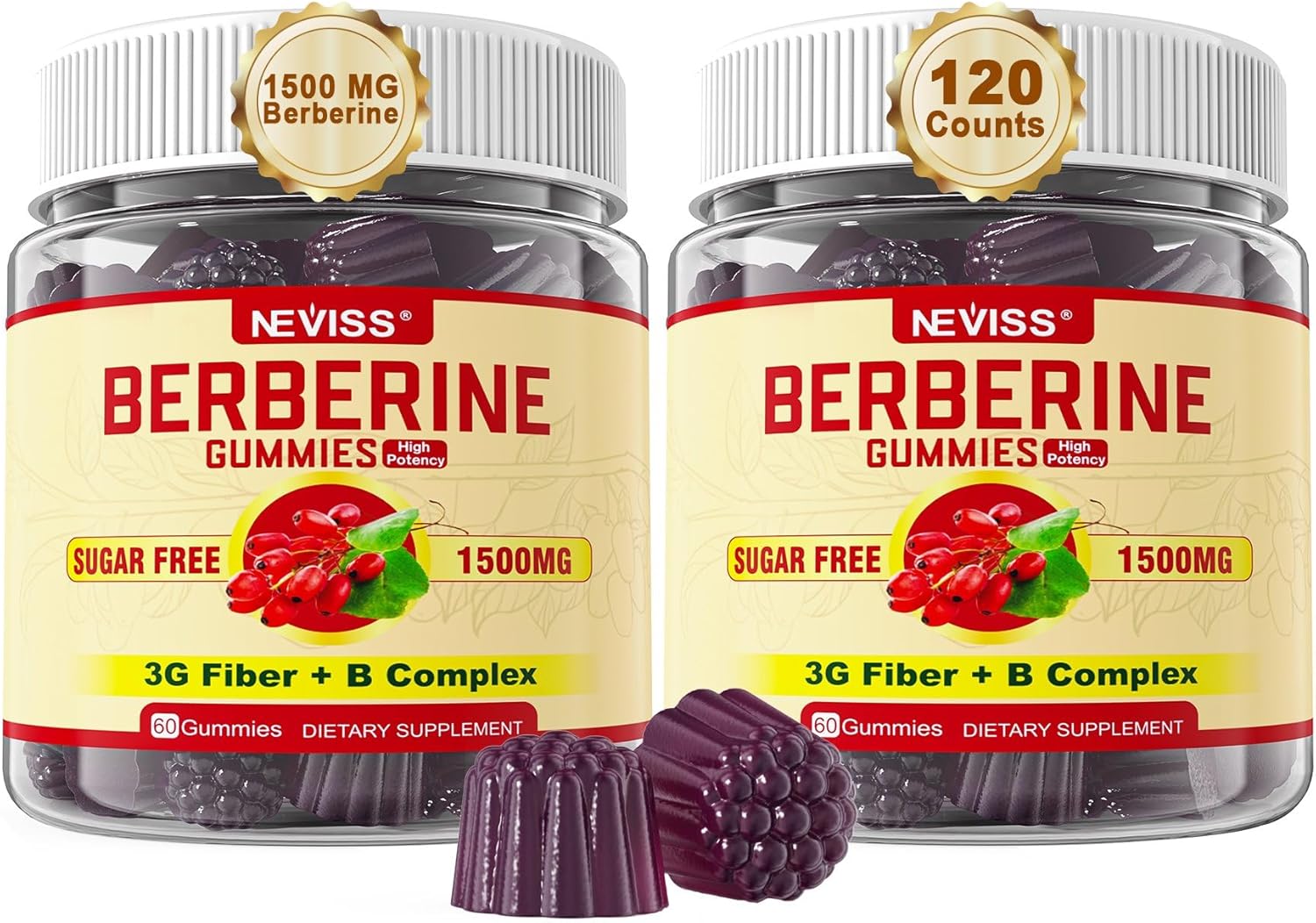 NEVISS Berberine 1500mg Gummies with Prebiotic Fiber and B Vitamins - Sugar Free Immune Support Supplement for Men and Women, 2 Pack 120 Ct